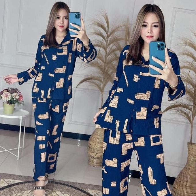 YSN Setelan Wanita Lengan Panjang - One Set Tie Dye - Setelan Piyama Motif Urat Kayu - One Set Rayon