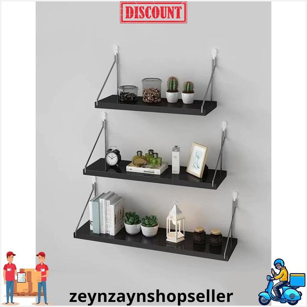 3 Set 3 Pcs Rak Dinding Kayu Minimalis Serbaguna Rak Gantung Besi Kayu Melayang Original Produk