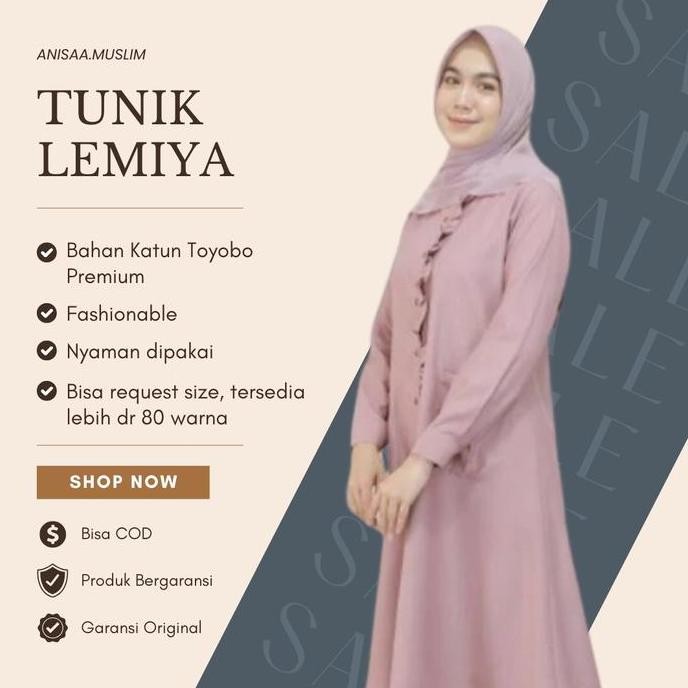 (Allthebest) Lemiya tunik Putih baju atasan wanita Muslim terbaru tunic katun Toyobo polos Panjang N
