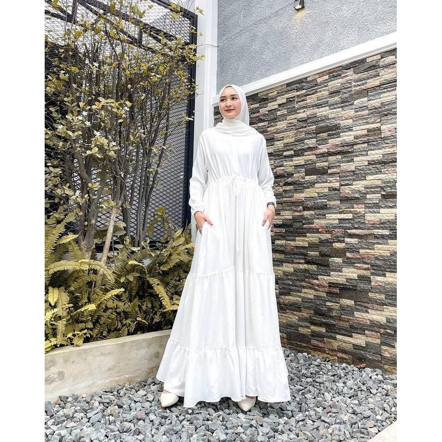 (Allthebest) Ellen Gaun Gamis Wanita Terbaru Putih Polos Muslim