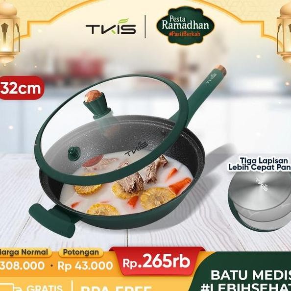 Tkis Wajan Presto Batu Medis Warna Hijau Desn Mewah Dengan Free Tutupan Wajan Ukuran 32Cm Tk 832