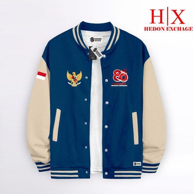 Promo Hedon State Jacket Varsity Baseball Kancing Hut Ri Ke 80 Indonesia Merdeka Pria Wanita Unisex 
