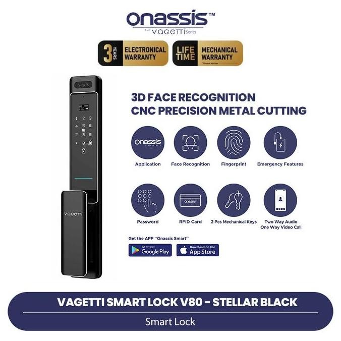 Onassis Vagetti Smart Lock V80 Pro - Kunci Pintu Digital | Face Unlock 3D | Sidik Jari | App Control