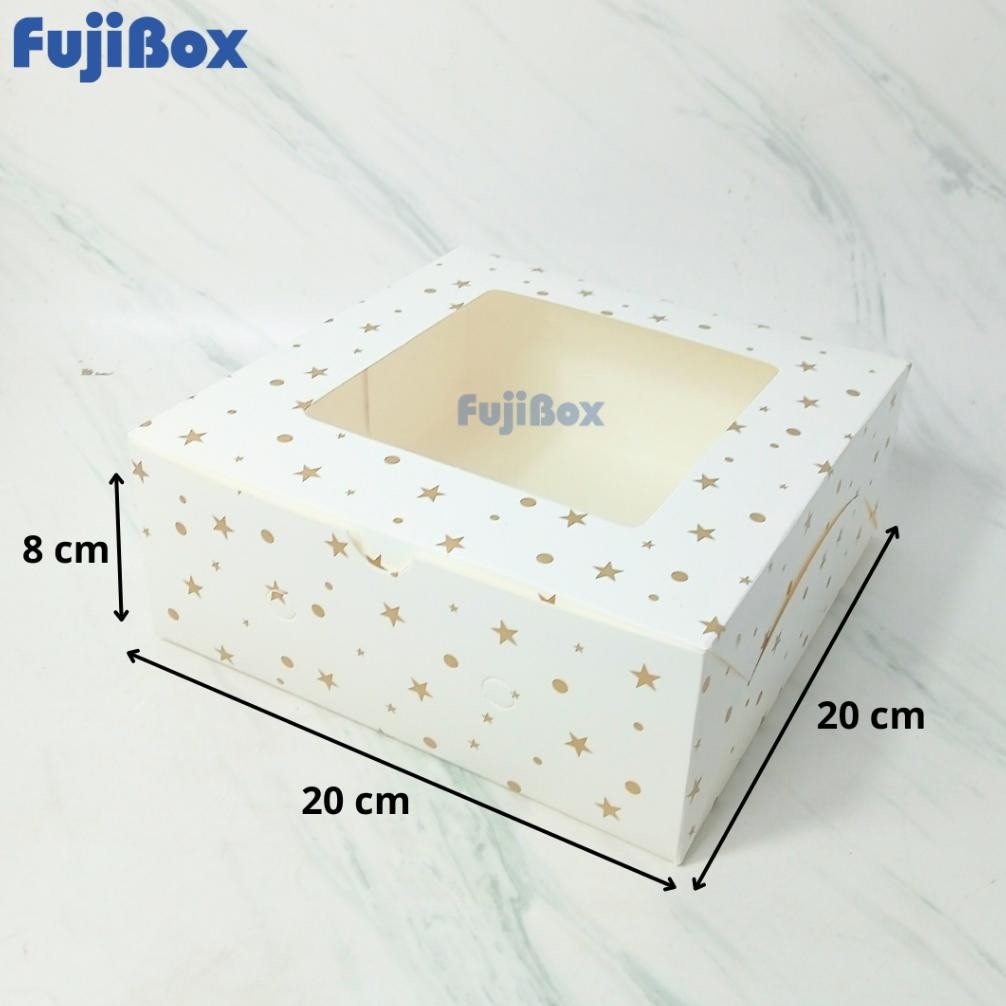 

(10 Pcs) Fuji Box Dus Kotak Kue Ivory Motif Polkadot Bintang Emas 20 cm x 20 cm x 8 cm Putih Ivory Premium Jendela aSt