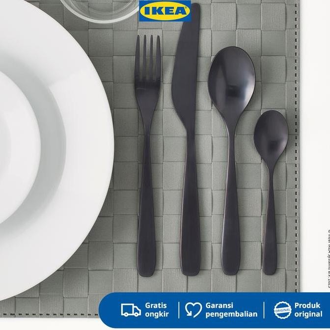 IKEA TILLAGD Set Peralatan Makan Sendok Garpu Pisau Hitam Isi 24pcs Baja