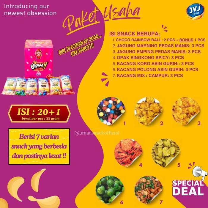 

Ccf Paket Usaha [Isi 20+1] Snackpack Box Uraaa!! Mix Aneka Kacang, Jagung, Opak, ChocoBall Food Cemilan Cokelat Gift