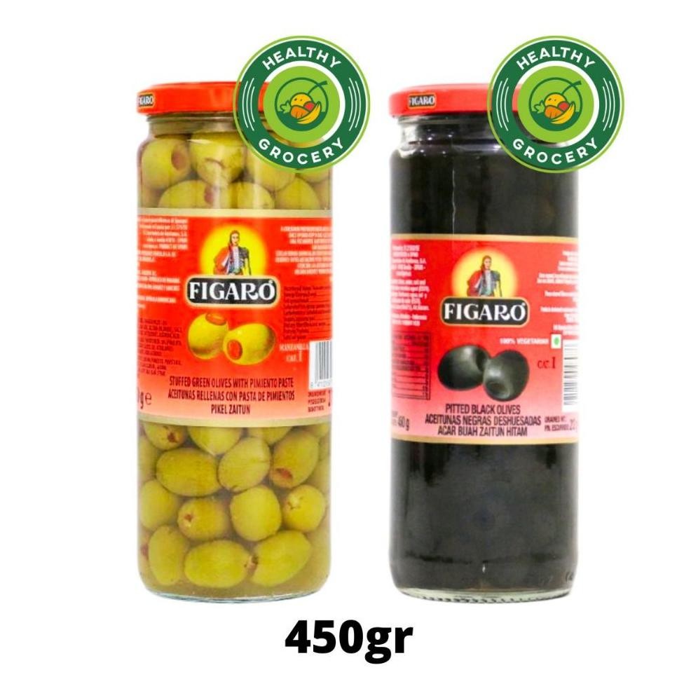 

Figaro Green Olive With Pimiento / Pitted Black Olive 450Gr In Jar / Pikel Zaitun Terbaru