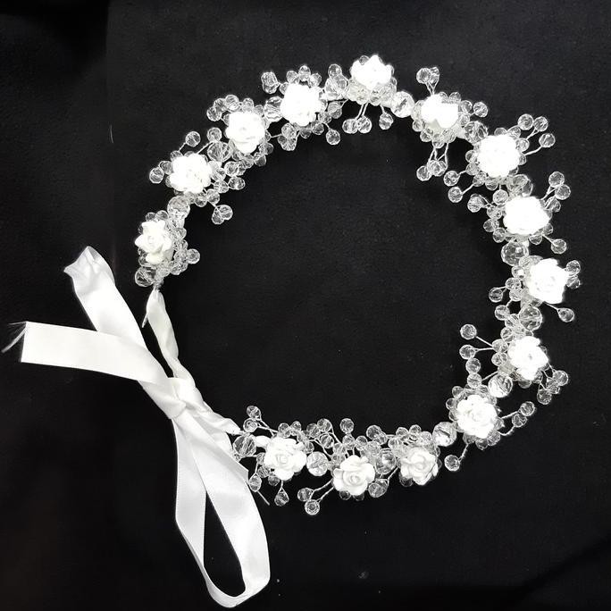 Mahkota Flower Crown Bunga Clay Putih Kombinasi Kristal