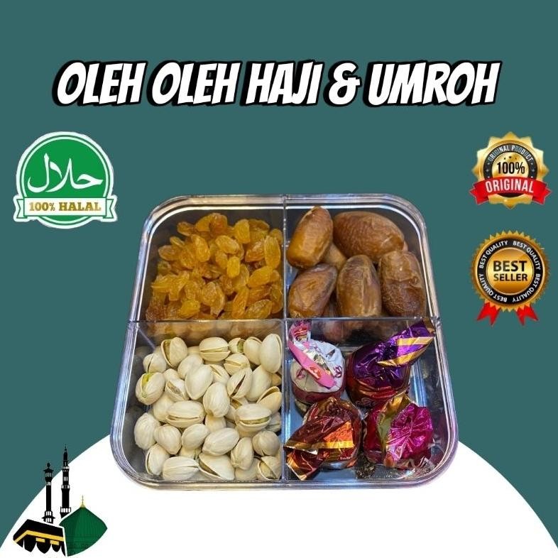 

Oleh Oleh Haji & Umroh Sekat 4 Kurma Tangkai-Kismis-Kacang Arab-Coklat Turkey