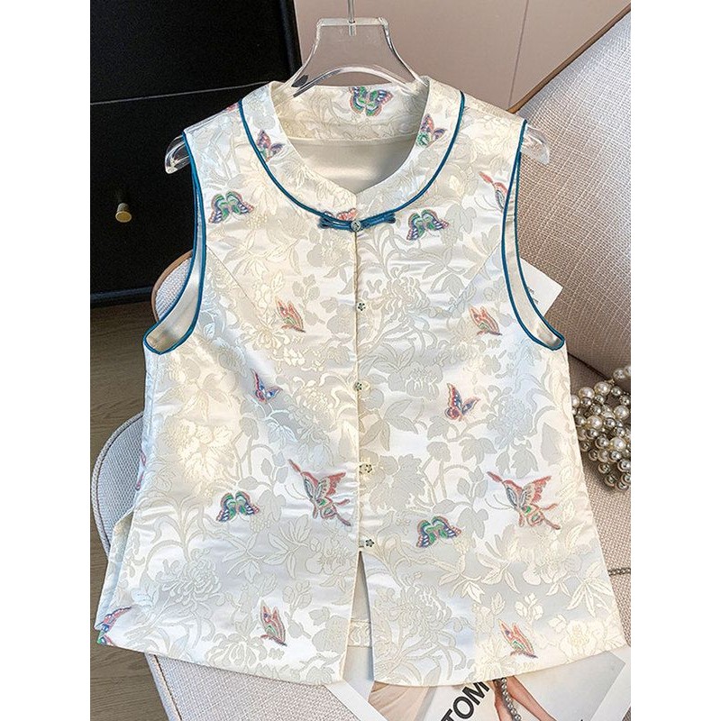 Rompi Hanfu Jacquard Gaya Baru Wanita Tanpa Lengan Atasan Berlapis