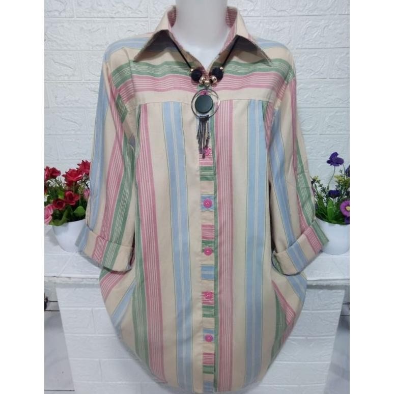 Baju Cewek Kemeja Katun Garis-Garis Lengan Panjang
