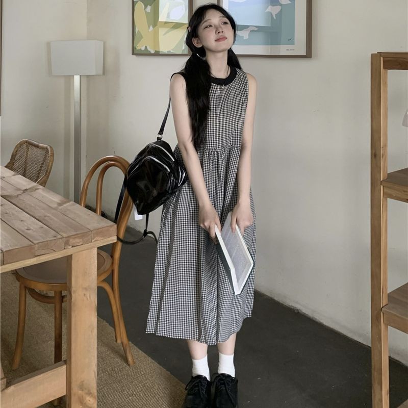 Verve WardrobeGaun Rompi Tanpa Lengan Kotak-Kotak Retro Wanita Musim Panas Pinggang Tinggi Longgar R