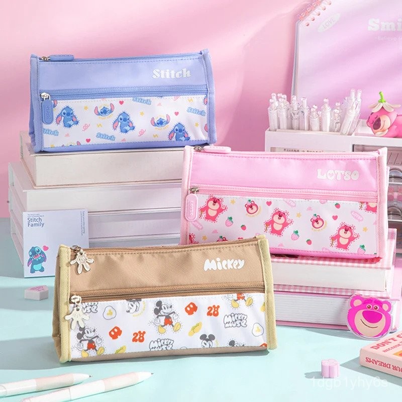 

Disney Bilayer Pencil Case Cartoon Stitch Lotso Mickey Large Capacity Student Pen Box Pencils Bag Stationery Box School Supplies QEXQ