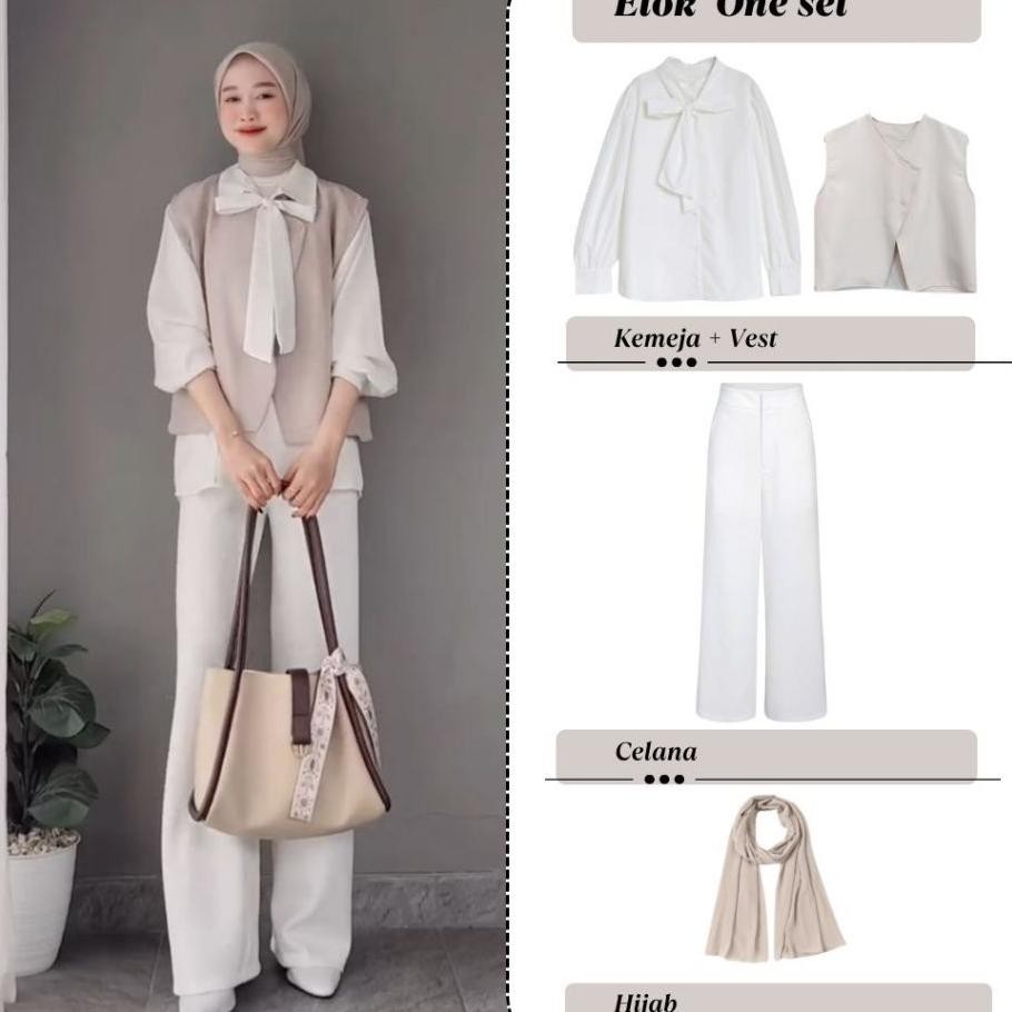 Elok One Set Wanita Blouse Pita Vest Celana Square Hijab Outfit Hangout Baju Semi Formal C Ootd