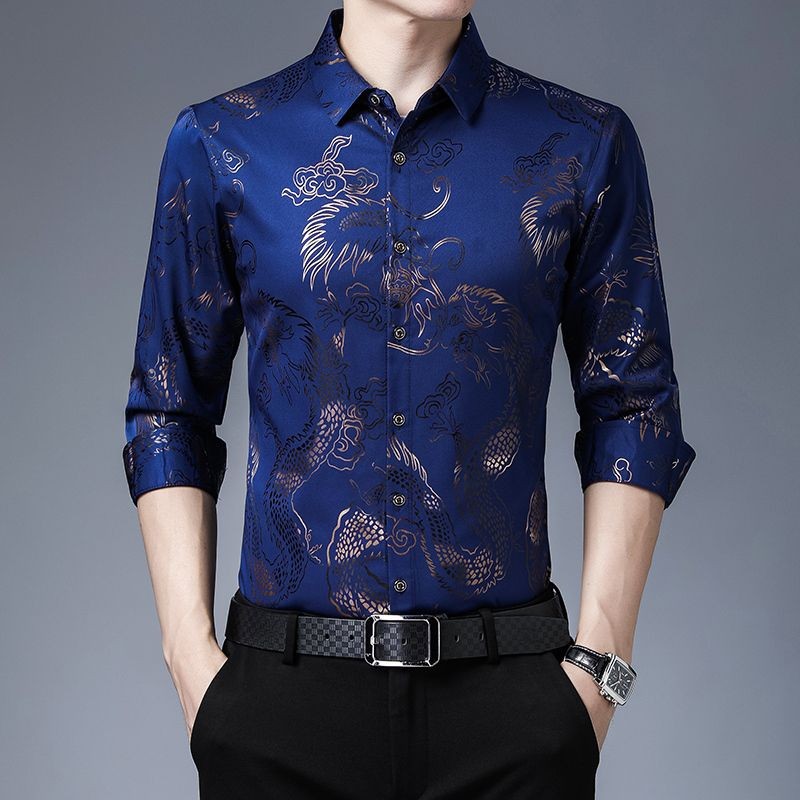 Kemeja Sutra Es Lengan Panjang Pria Berkualitas Tinggi    Kemeja Ayah Pola Naga Trendy Cetak