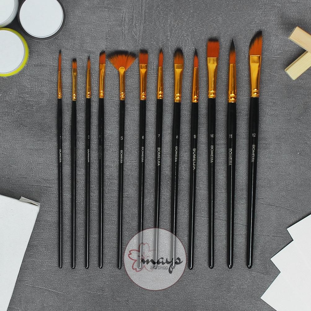 

Big Sale - [12 Pcs] Kuas Lukis Set Isi 12 Pcs - Premium Quality Artist Paint Brush - Kipas Fan Flat Round Angular Lancip Acrylic Oil Watercolor !!