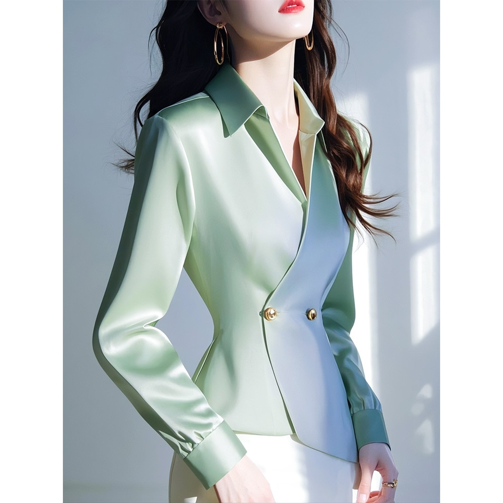 Kemeja Satin Hijau Lengan Panjang Wanita Berkualitas Tinggi Populer   Kemeja Profesional