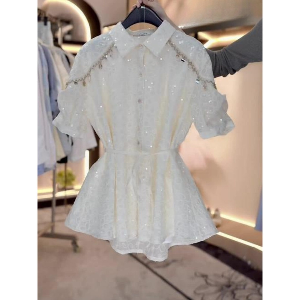 Kemeja Lengan Pendek Wanita Baru Putih dengan Pita