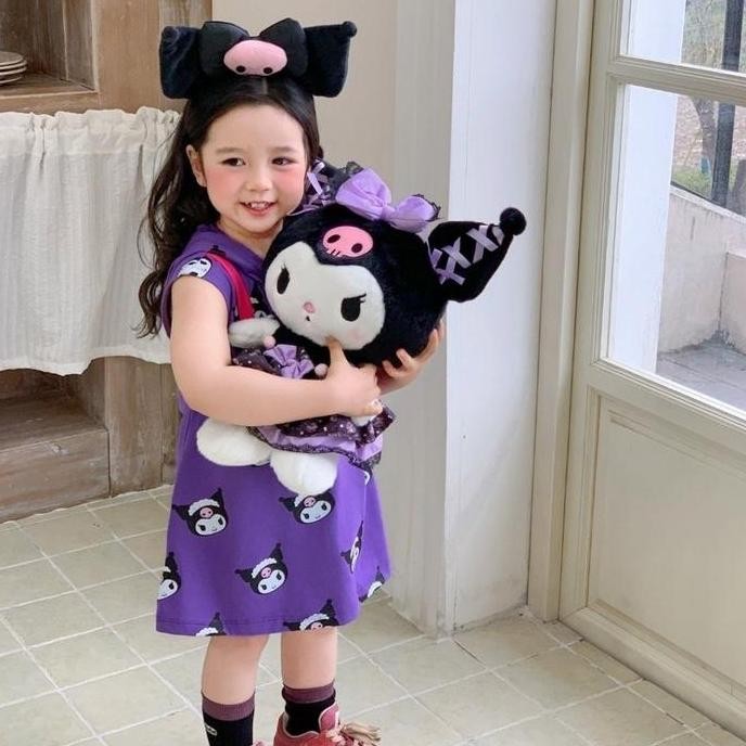 DE65 - 2-9 Tahun Dress Kuromi Gaun kasual berkerudung modis anak perempuan Kartun Rok anak kekinian 