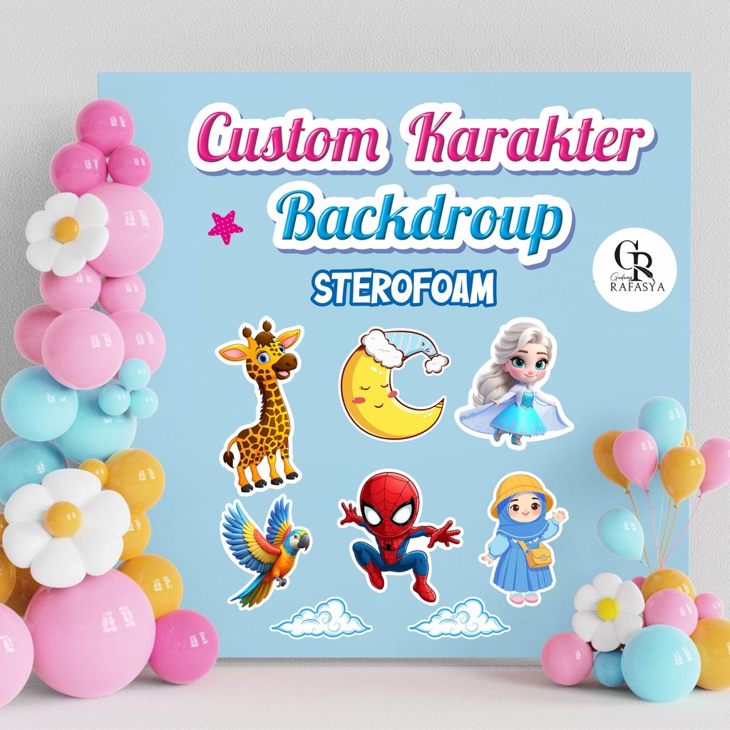 custom karakter backdroup sterofoam untuk dekorasi backdroup ulang tahun, tasyaquran aqiqah