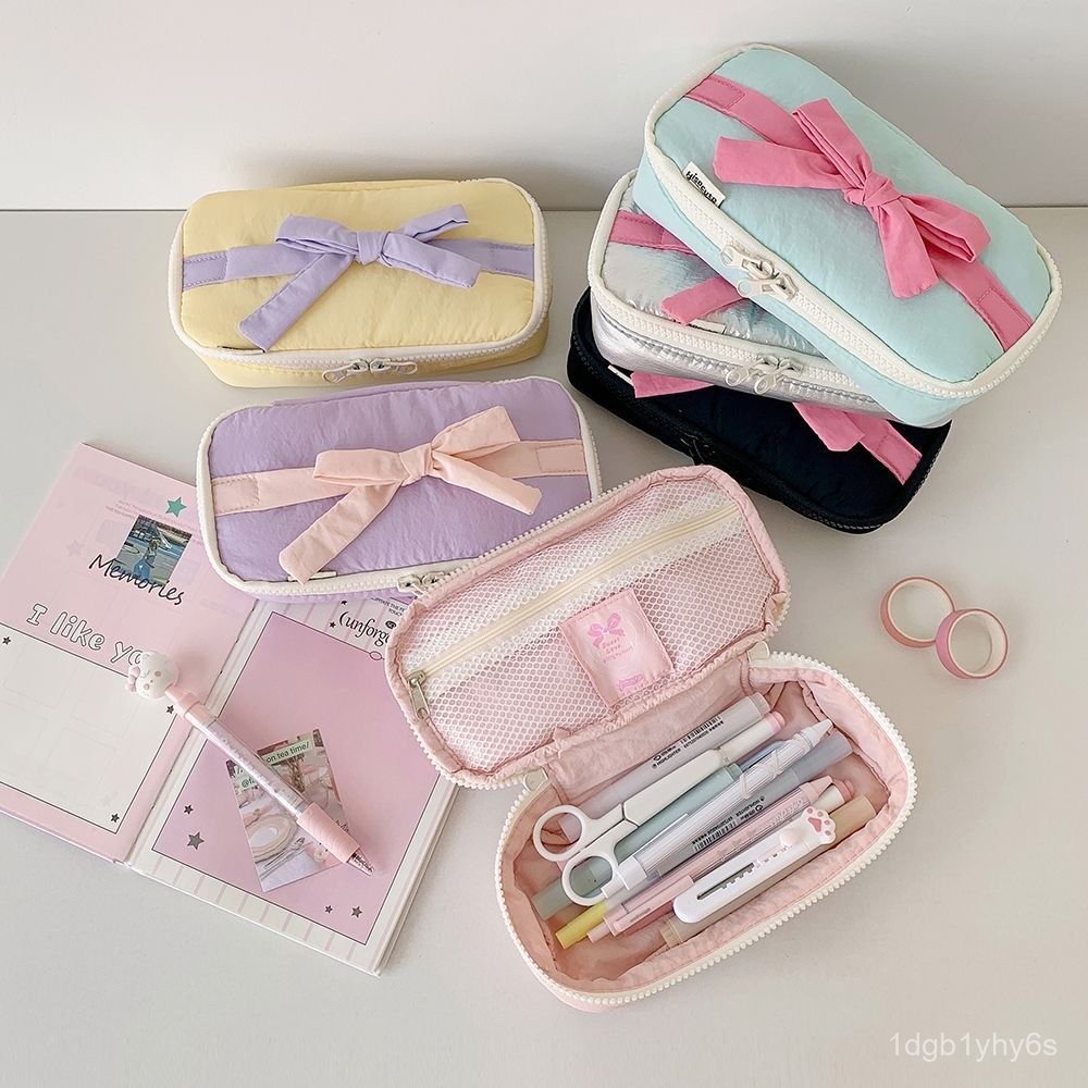 

Hisocute Cream Style High-Value Bowknot Pencil Case Student Large Capacity Stationery Storage Bag Cute Stationery Box TXOC