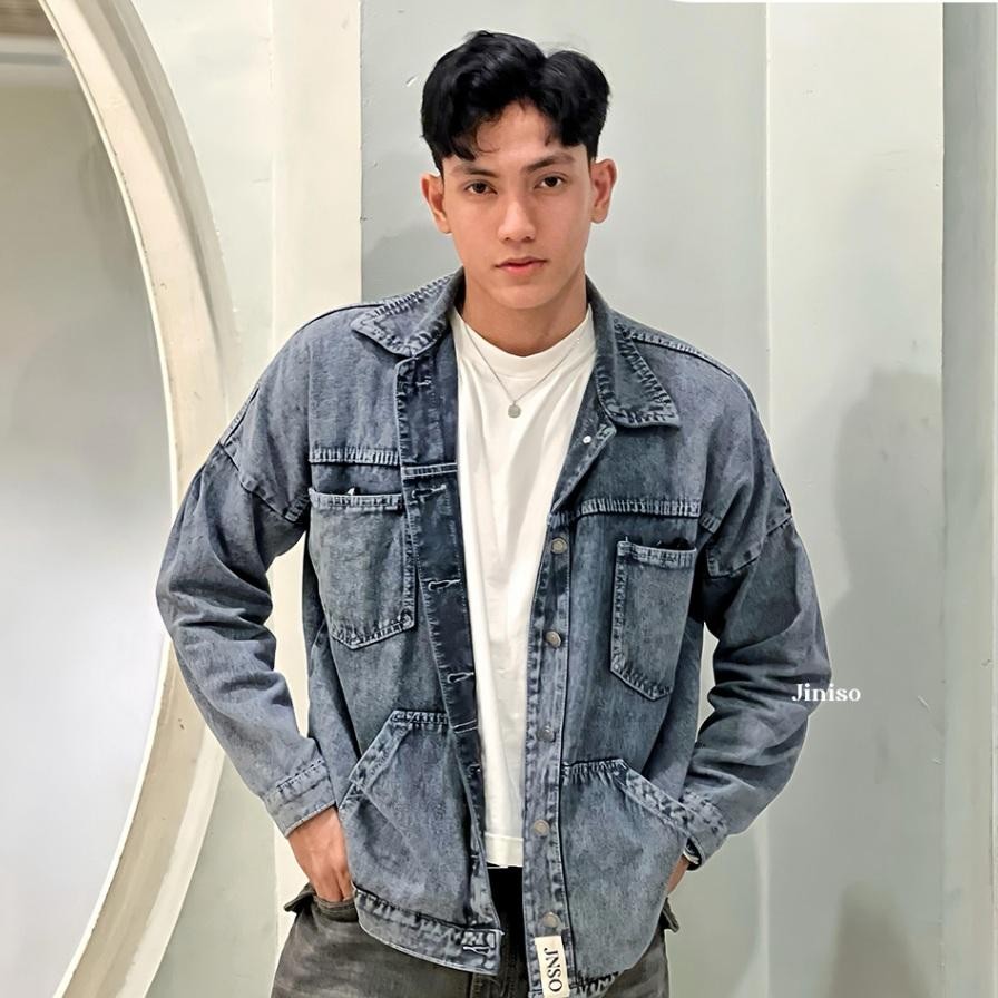 Jiniso Denim Pria Jaket Jeans Oversize Poet Atlas Snow Grey