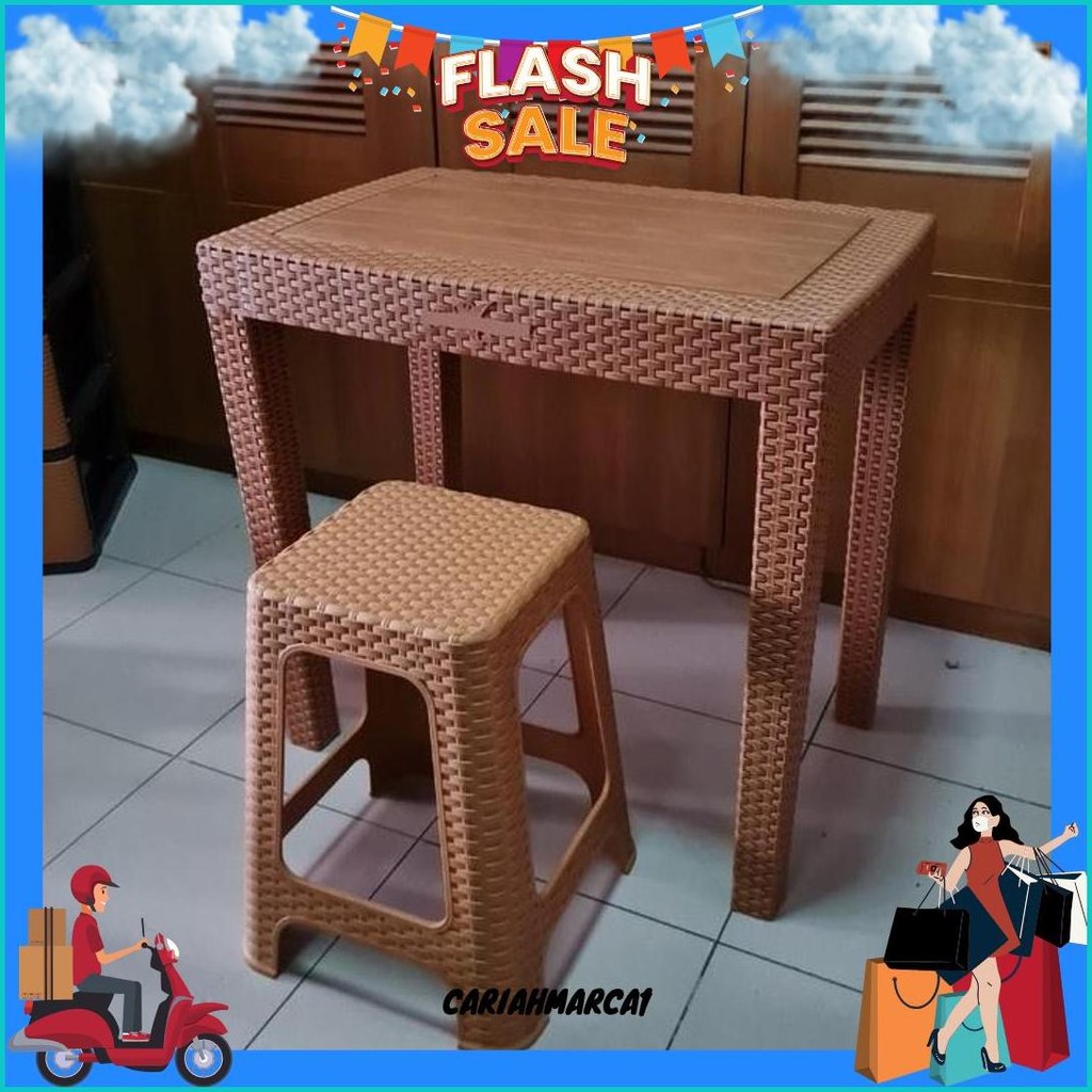 Meja Motif Rotan - Meja Plastik Besar Kafe Tamu Restoran Teras Taman Susun Rakitan Rakit Tinggi Koko