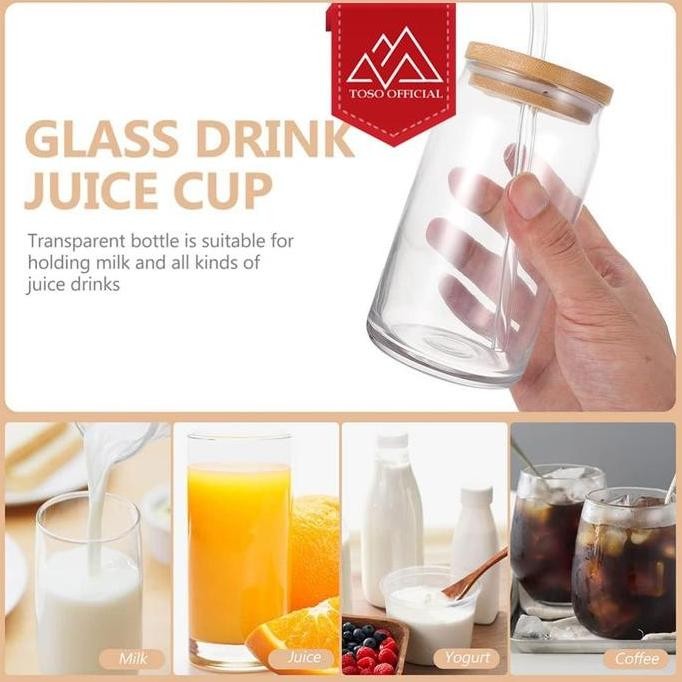 Tumbler Kaca Tutup Kayu Dengan Sedotan Gelas Kopi Teh Gelas Kaleng Allshop