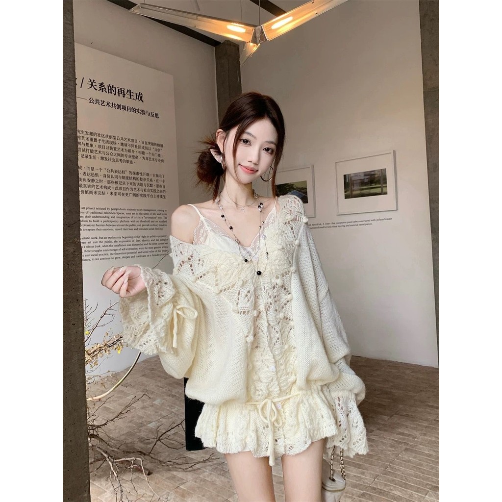 [Cream Winnie]Sweater kardigan rajutan V-neck longgar sederhana gaya Korea dengan tali serut