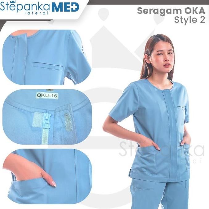 Baju OKA Zipper Kerah o Bulat - OKA Resleting - Scrub Dokter - Seragam Jaga Perawat - Baju Jaga - Ba