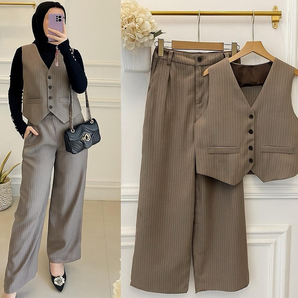 Vest set Celana / baju setelan wanita / set celana wanita / rompi / vest wanita Woll Stripes