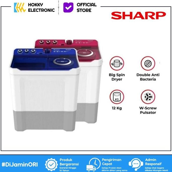 TERBARU - Mesin Cuci 2 Tabung 12 Kg Sharp Est-1290wa Kapasitas 12 Kg Garansi Resmi Sharp Indonesia S