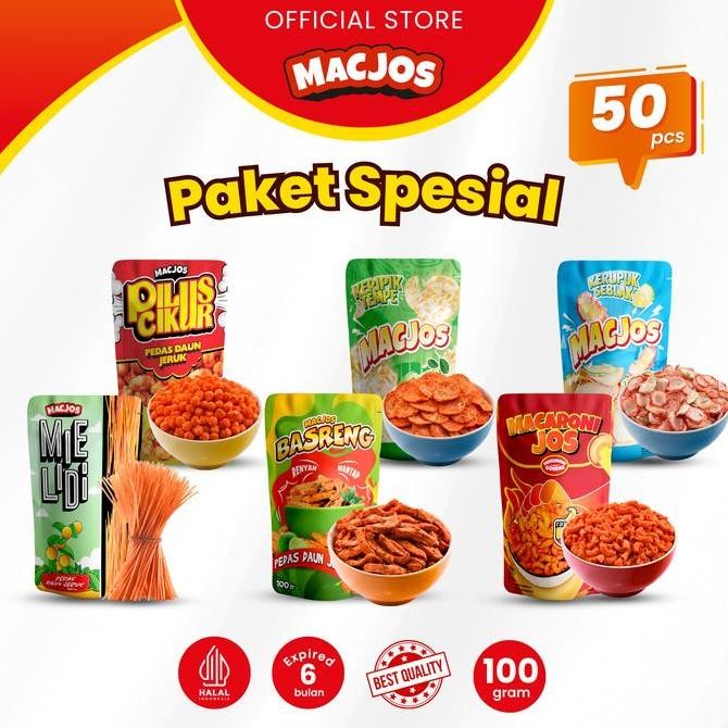 

MACARONI JOS Cemilan Paket Spesial 50pcs - Makaroni Mie Lidi Pilus Cikur Kerupuk Seblak Basreng Keripik Tempe - Isi 6 Varian Produk Snack Food Instan