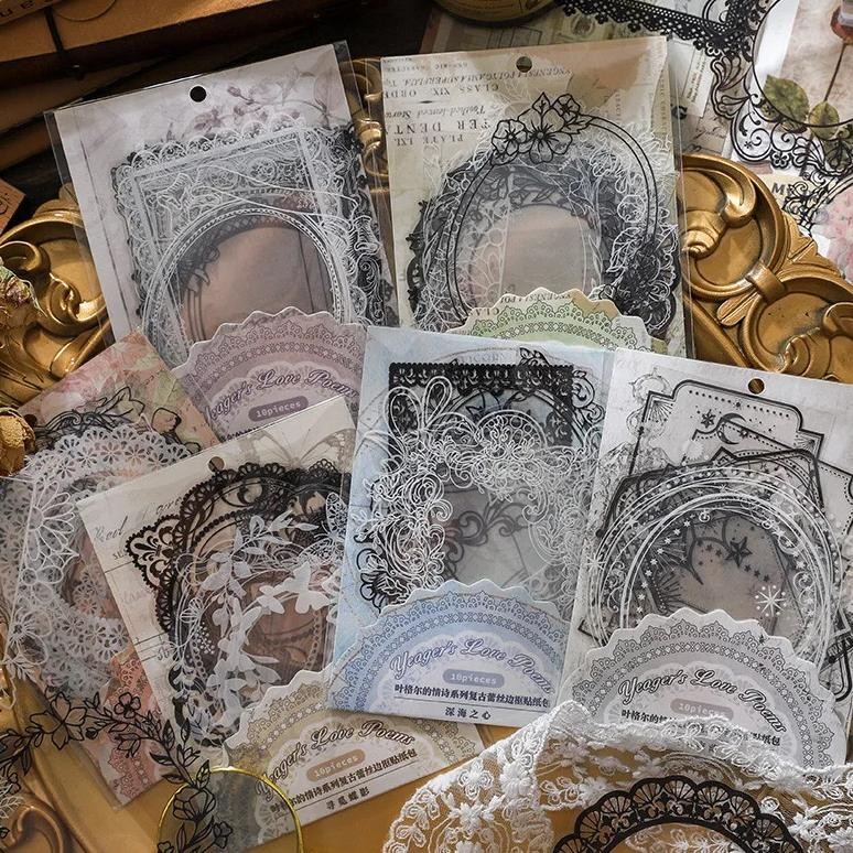 

10Pcs/Pack Kawaii Lace Sticker Vintage Lace Heart Frame Cute Diy Decorative Stickers For Art Craft Scrapbooking