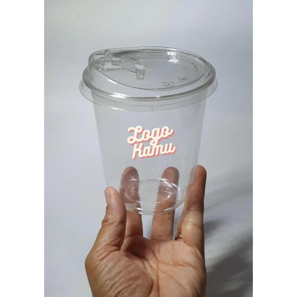BEBAS ONGKIR - Sablon Cup Plastik Gelas Plastik 14 Oz Oval Pollycup SAP BSM + Tutup Strawless Lid