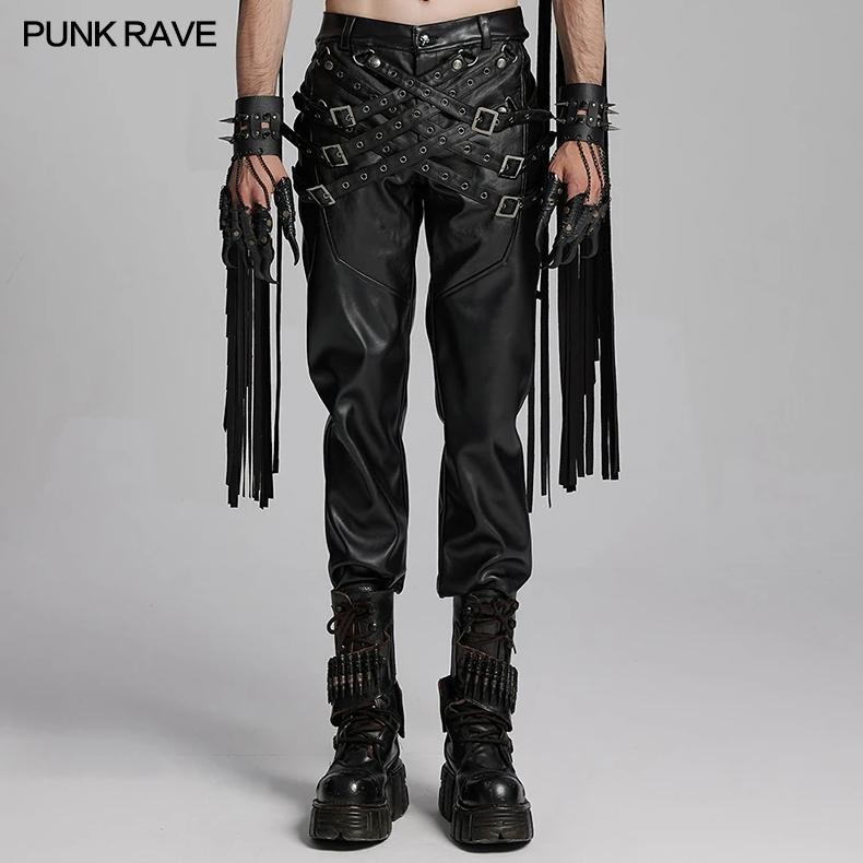 PUNK RAVE Men's Punk Street PU Leather Pants Staggered Buckle Loops Distinctive Personalized Cool Tr
