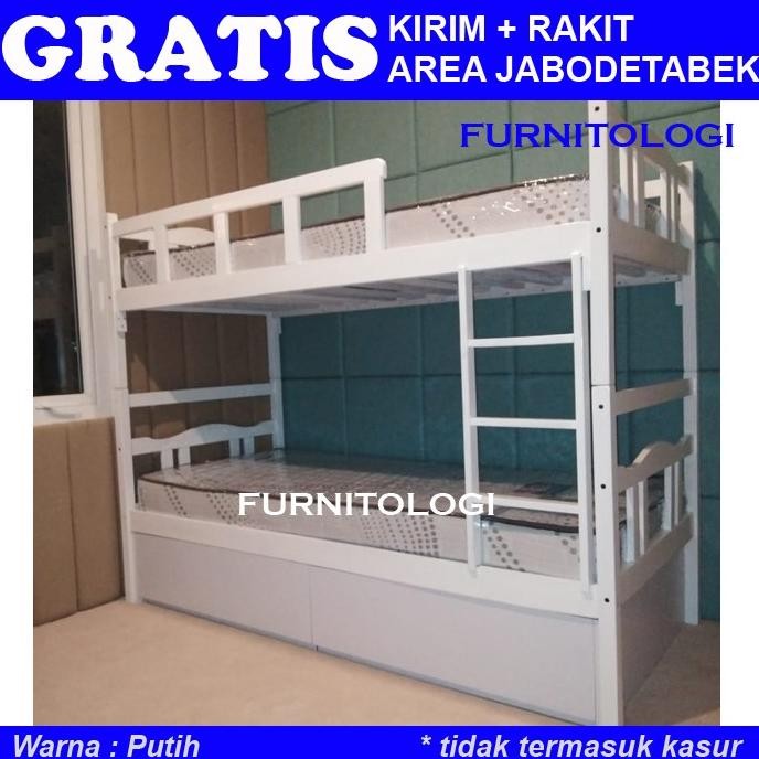 Ranjang Susun 2 Tingkat dengan Laci Kolong Serbaguna White Bunkbed Ranjang Susun Putih AST