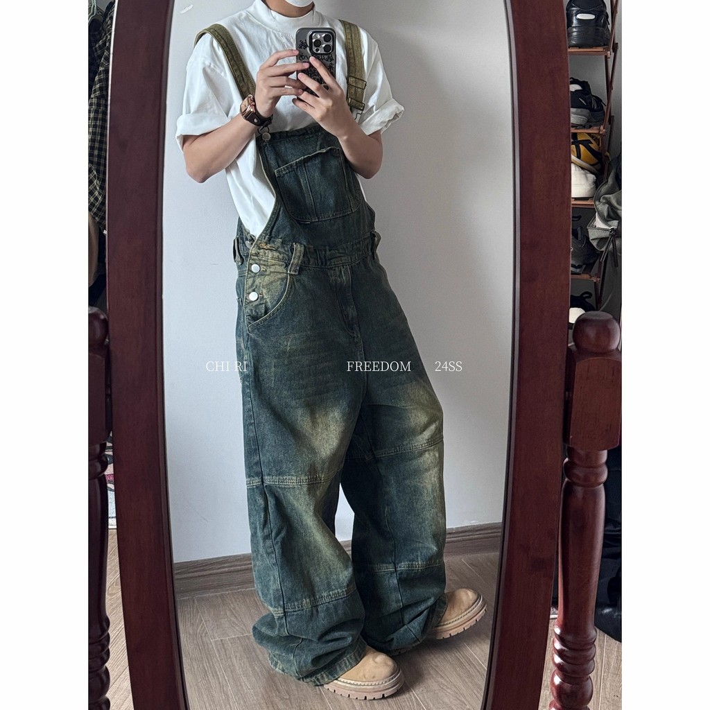 Overall Denim Longgar Gaya Retro Amerika untuk Pria dan Wanita