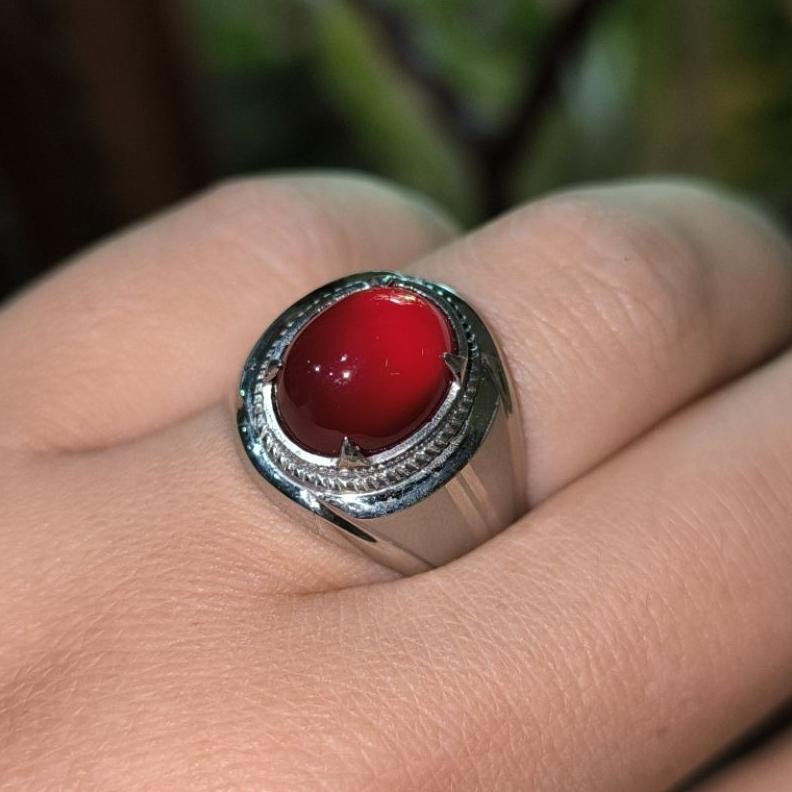 Cincin Batu Akik Natural Red Baron Pacitan Asli Merah Darah Ring Monel Doff Perak Handmade Elegan Si