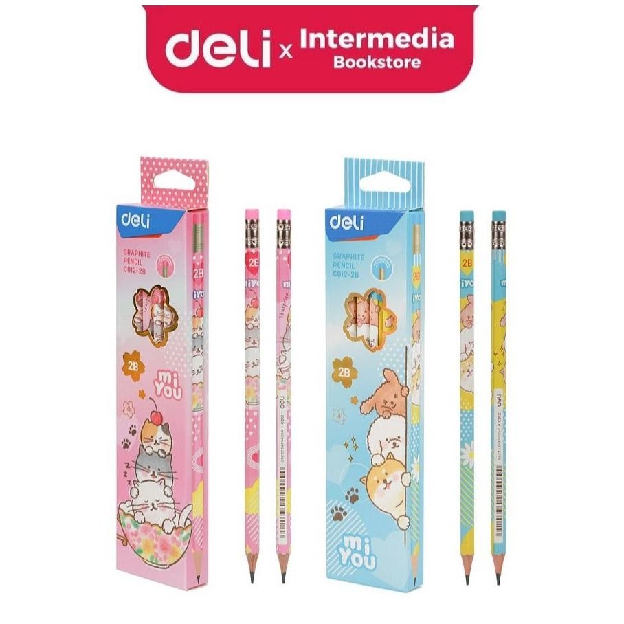 

Deli EC012-2B Graphite Pencil / Pensil Kayu 2B Isi 12pcs/Pack dengan Penghapus Desain Miyou DiM