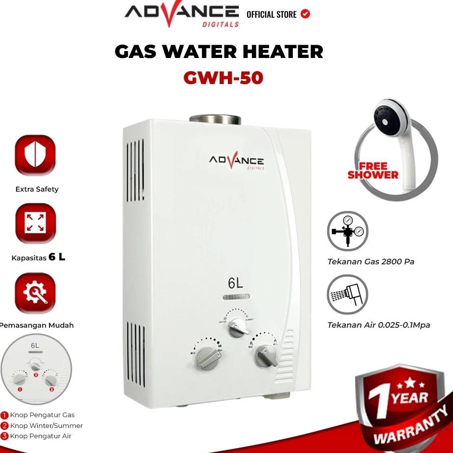 NEW Advance GWH50 Water Heater Gas / Pemanas Air Panas Kamar Mandi - BONUS Kepala Shower & Selang Sh