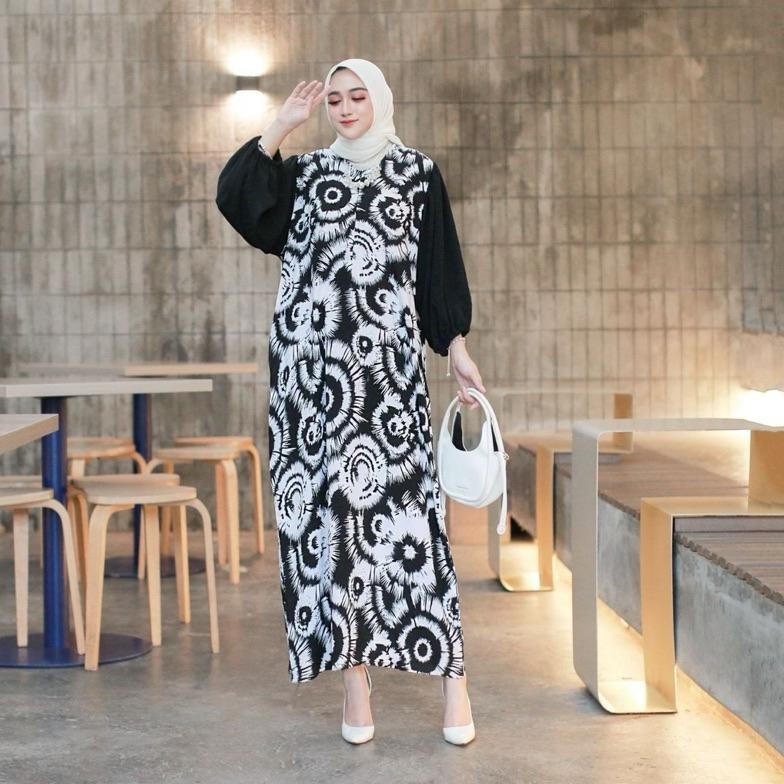 Bisa Cod Terbaru Naura Midi Dress Jumbo Bahan Rayon Mix Crincel Dress Terbaru Daster Santai Pakaian 