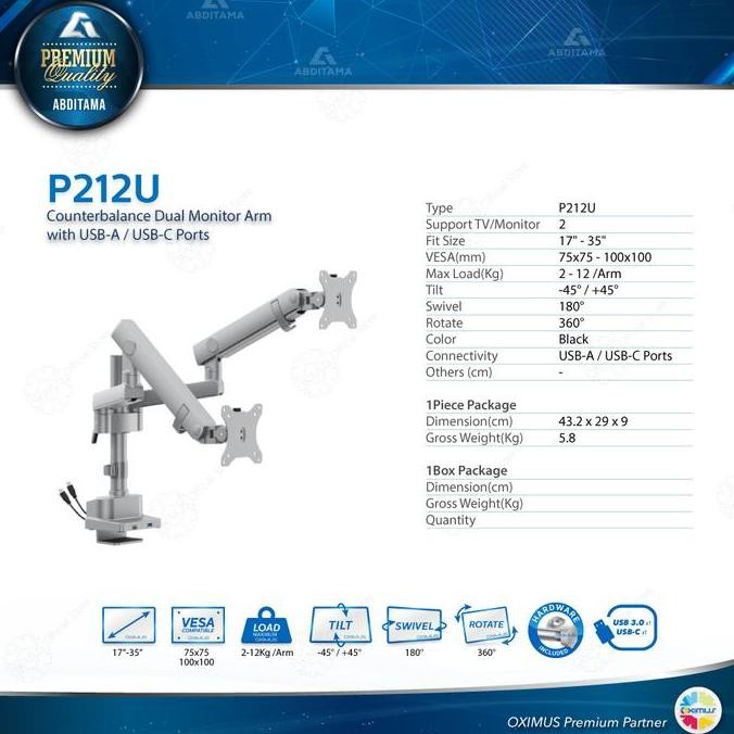 

[SOSHOP] BRACKET SINGLE DAN DUAL MONITOR 17" - 40" OXIMUS P112U DAN P212U GREY / ABU HEAVY DUTY MECHANICAL SPRING MONITOR ARM WITH USB-PORT TOPSIDE INSTALATION NO MORE CRAWLING UNDER DESK