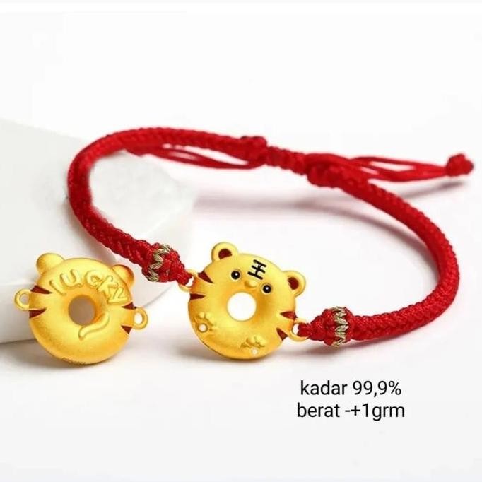 Gelang Tali Serut/Adjustable Charm Lingkaran Bola Donat Shio Macan Kepala Macan Anak Macan Emas Asli
