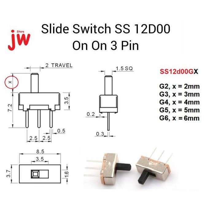 Murah 2 Buah SS12D00 SS12D00G2 SS12D00G3 Saklar Geser Mini Slide Switch On Off 3 Pin 2 Way SPDT jwel