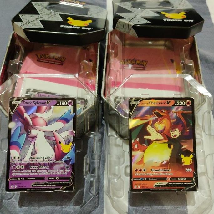 Pokemon TCG EN Celebrations Lance's Charizard V & Dark Sylveon w/ Tins