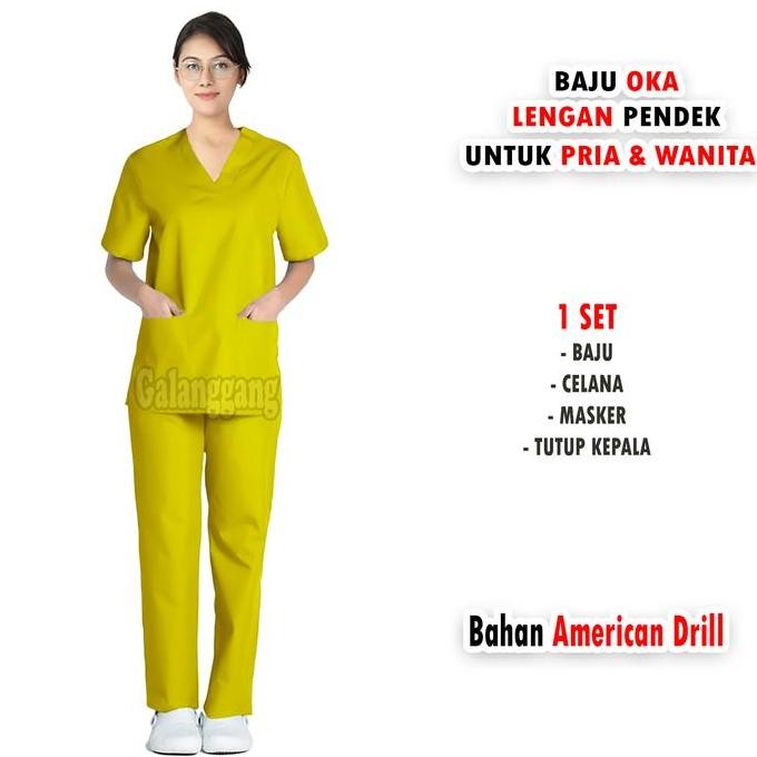 Baju OK - Baju Oka Lengan Pendek - Baju Scrub Oka - Baju Jaga Oka - Bahan American Drill - Model Ter