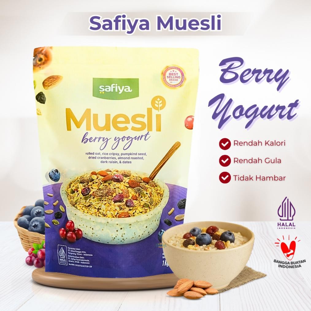 

Muesli Berry Yogurt Safiya 1 Kg Oatmeal Dried Fruit Almond | Sereal Diet Sarapan Sehat Premium