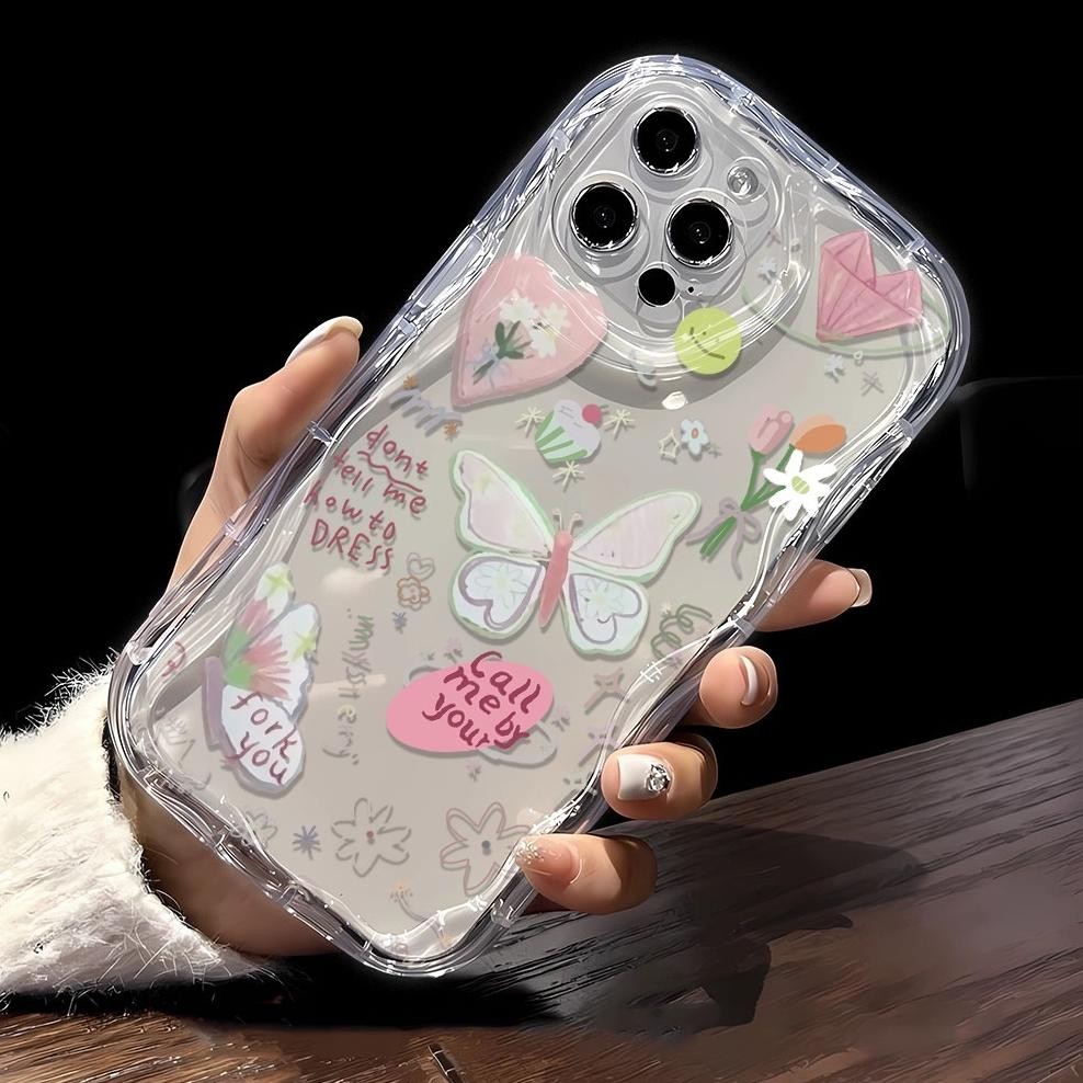 Hot New Curly Wave Gelombang Motif Sticker Butterfly Korean Aesthetic Case For Iphone 15 Pro Max 15 