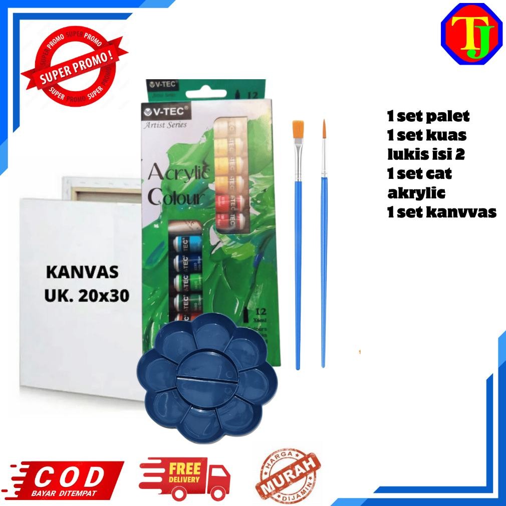 

PAKET MELUKIS KOMPLIT 4 in 1 KANVAS 20cm x 30cm Besar Cat Akrilik Palet Kuas Set Melukis Lengkap